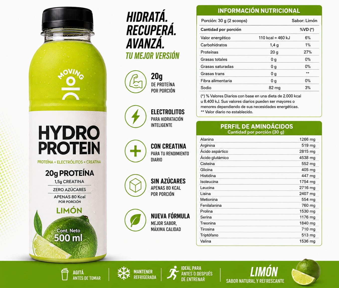 MOVING HYDRO PROTEIN - Sabor Limon 500 ml.